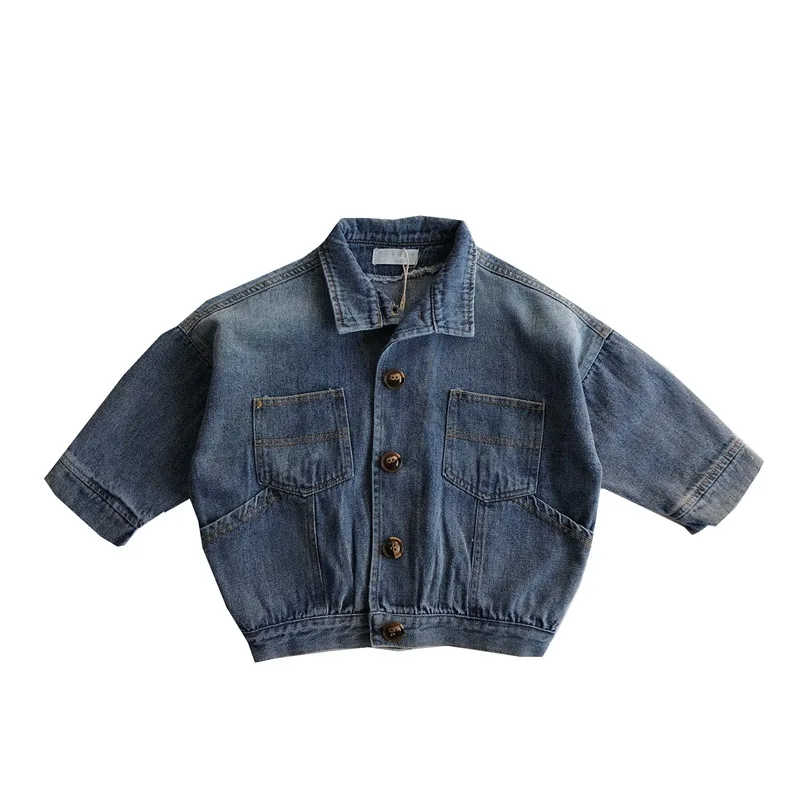Childrens Boys Denim Jacket Spring Autumn Korean Bat Sleeve Loose Toddler Boys Cardigan Turndown Collar Kids Outerwears