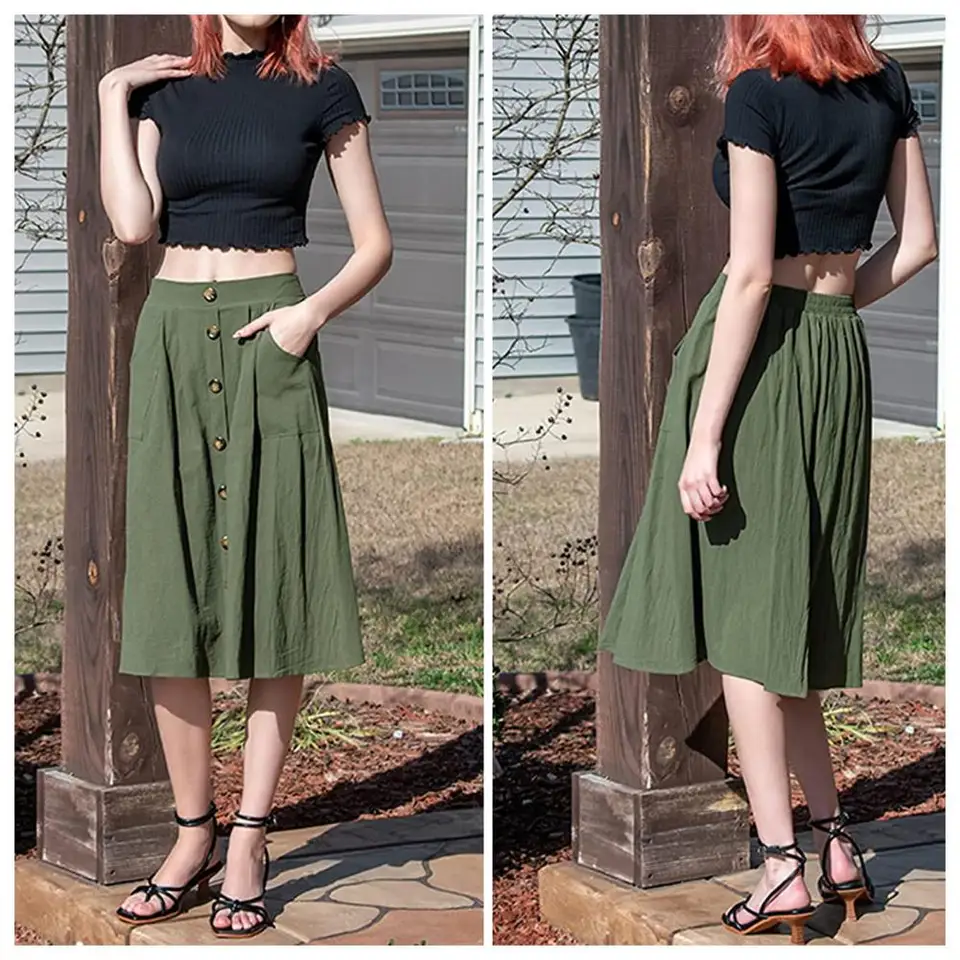 Damenrock Mit Kordelzug - Elastische Taille, Gestufter Saum & Praktische Taschen