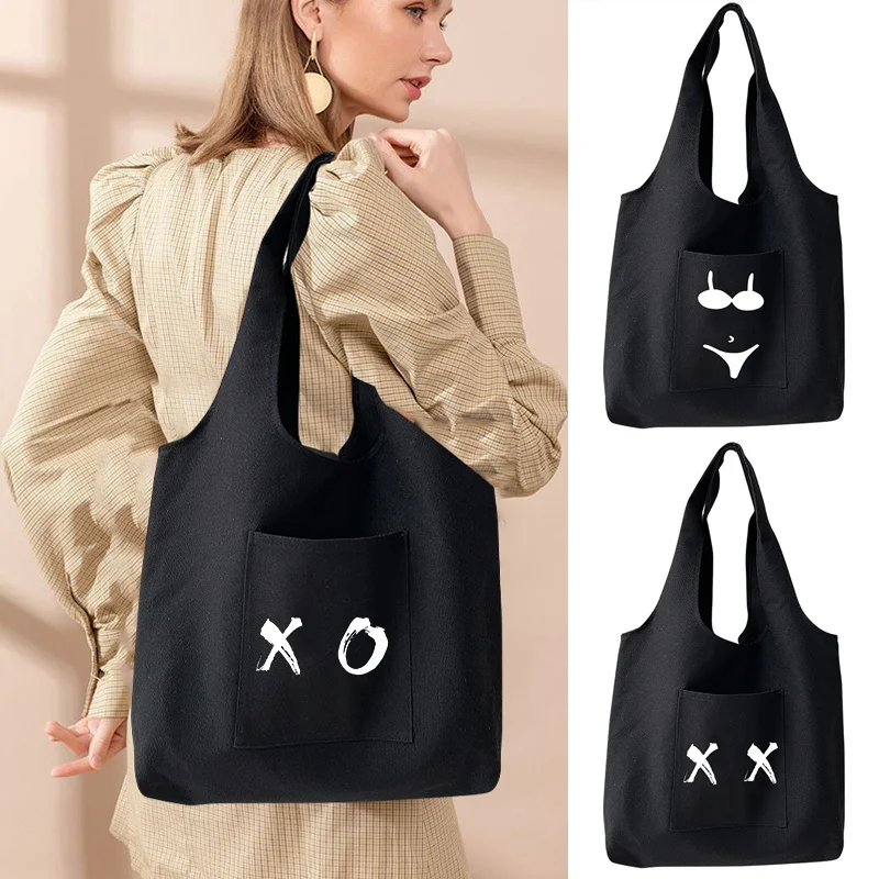 

Women Canvas Shoulder Bag chest Printing Harajuku Handbag Reusable Large Capacity Shopping Bag Ladies Casual Beach Tote Bag