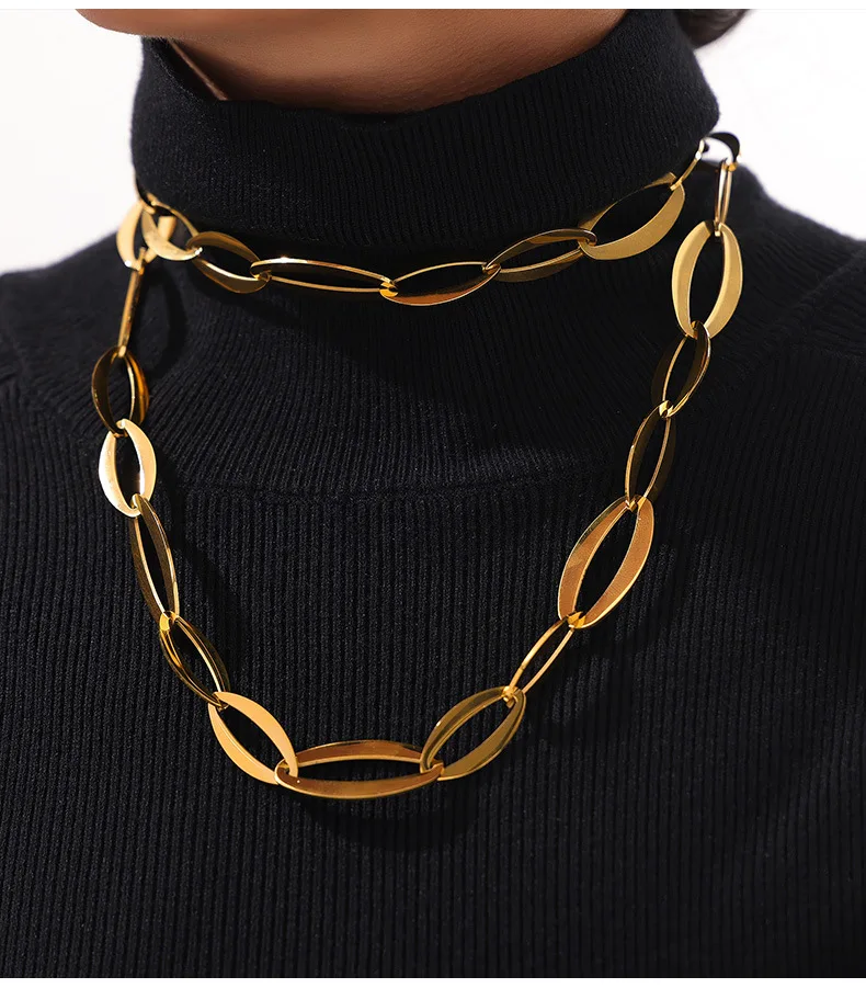 Edelstahl Vergoldetes Set mit Dicken Ketten, Langer Halskette und Armband, Luxuriöser Strass-Hochzeitsschmuck für Damen – Detail 4