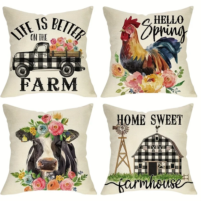 

4pcs Hello Spring Home Sweet Farm Farmhouse Decorative Throw Pillow Cover 18x18in Barn Truck Cow Rooster Animal Porch