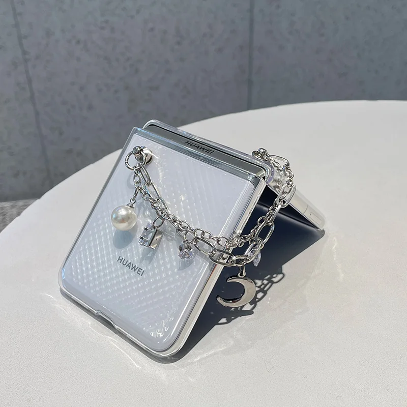 

For Huawei P50 Pocket Case Stylish Simplicity Transparent Cover with Silver Moon Pearl Lanyard for P50 Pocket Huawei Cases