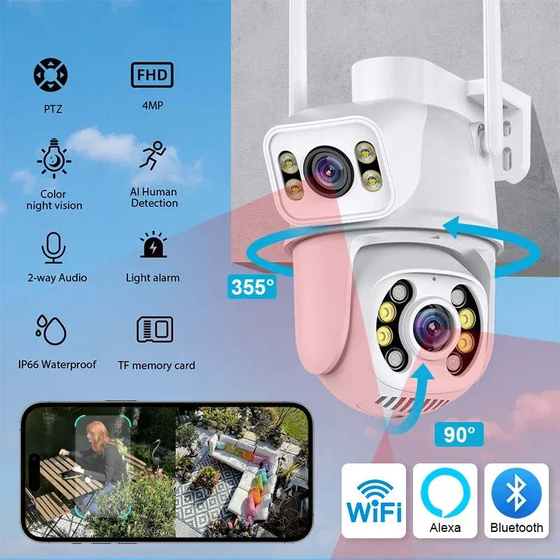 

4K Wifi Camera Dual Lens with Dual Screen Ai Human Detect Auto Tracking Wireless Outdoor Surveillance Camera Supports NETIP