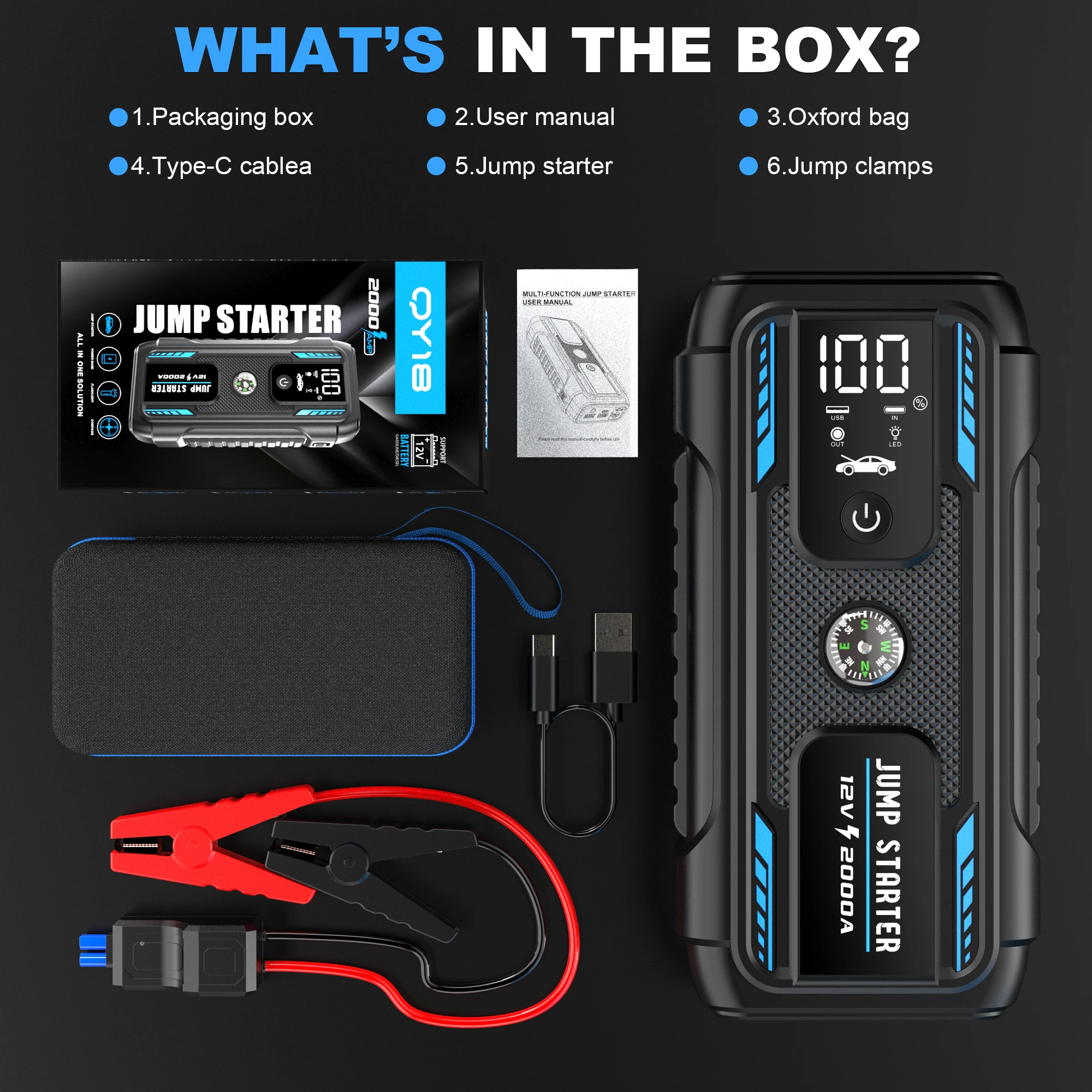 2000A 12V Portable Lithium Jump Starter Car Battery Booster Pack USB-C Powerbank Charger and Jumper Cables for Upto 6.0-Liter car jump starter jump starter