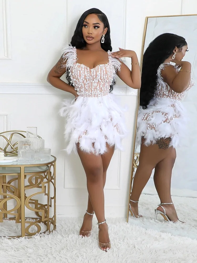 Wmstar Women Dresses New Nail Bead Feather V-neck Waist Cinched Short Luxurious Haute Couture Party Dress Wholesale Dropshipping