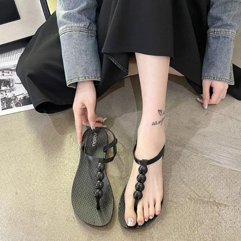 Women's Fashion Flat Shoes Summer New Round Head Clip Toe Round Buckle Soft Sole Anti-slip Wear-resistant Beach Sandals