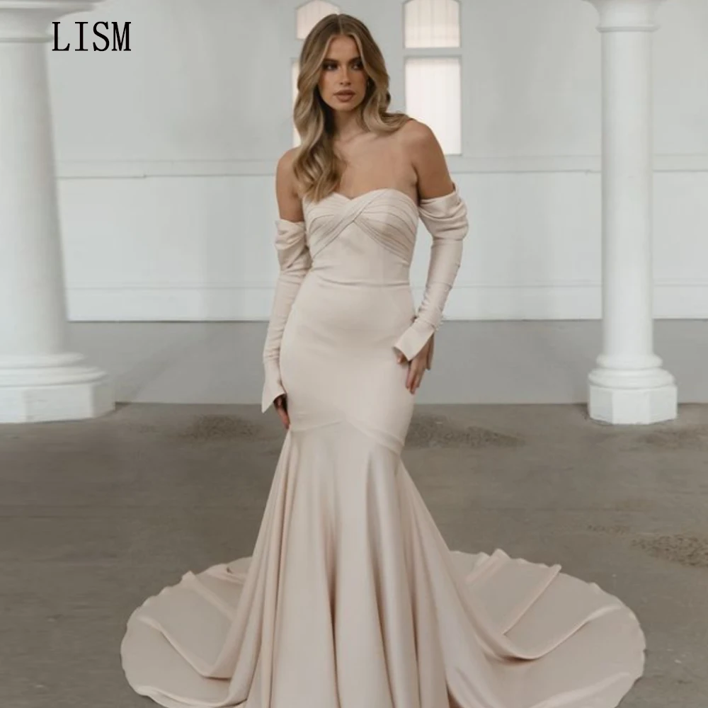 

LISM Pleated Sweetheart Simple Elegant Champagne Robe Strapless Mermaid Formal Wedding Dress Floor Length Long Train Bridal Gown