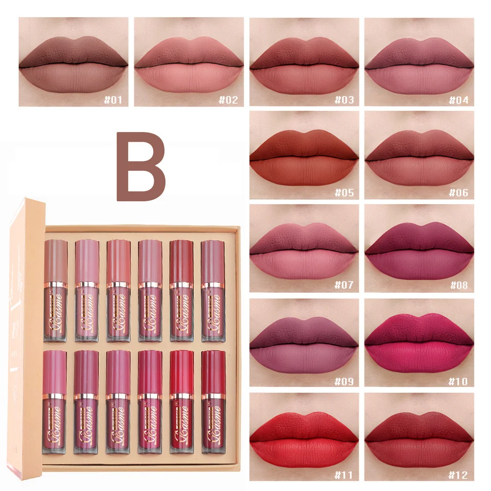 12-Color Liquid Matte Velvet Lip Gloss Set - Long-Lasting Waterproof Makeup Gift