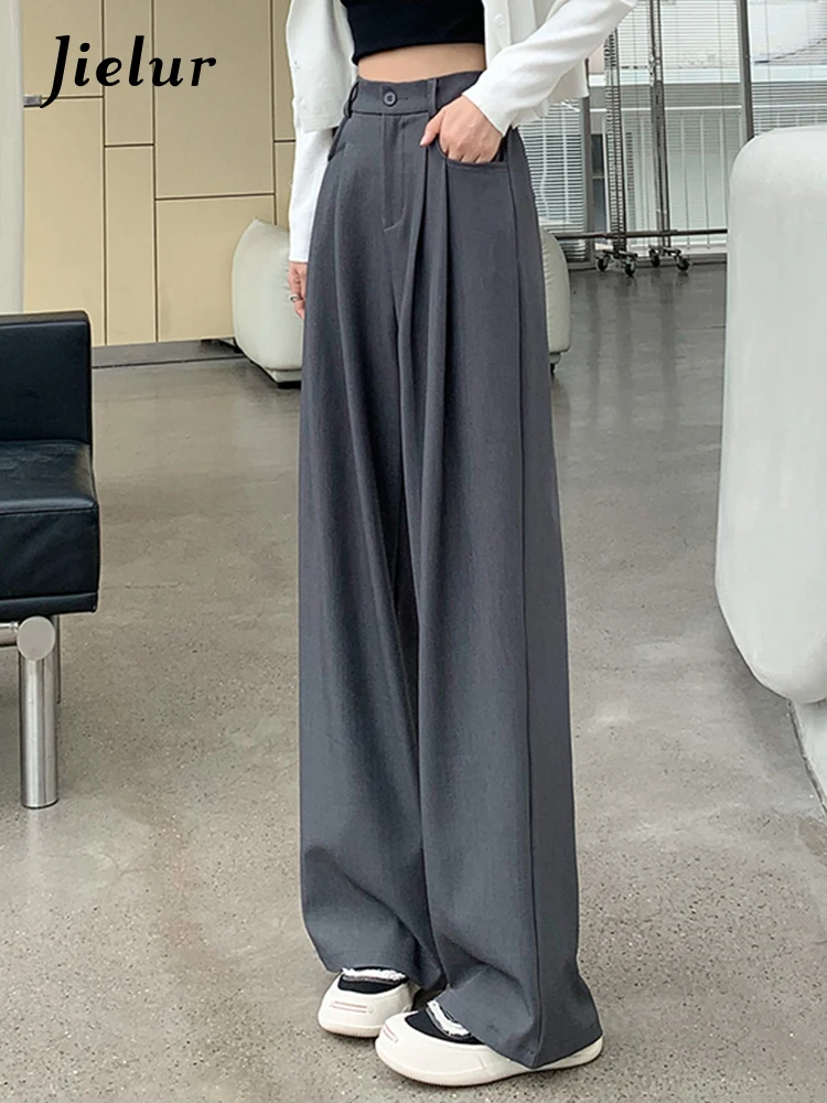 Fashion Solid Color Women High Waist Wide Leg Pants Slim Office