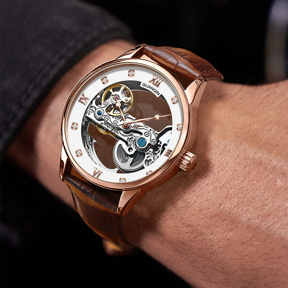 2024 New GUANQIN Men's Watches Top brand Luxury Hollow Automatic Watch For Men Mechanical Wristwatches Waterproof Sports Leather