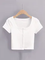 Haut côtelé à manches courtes pour femme, bouton à travers 2