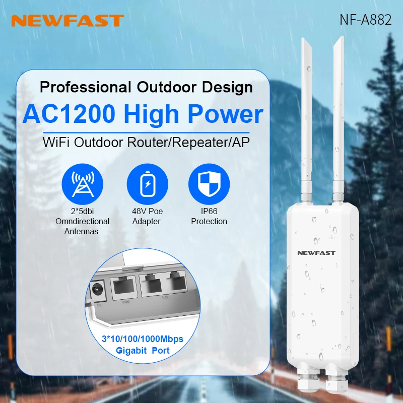 NEWFAST NF-A882 Outdoor WiFi Access Point - AC1200 Dual Band, IP66 Waterproof, 3 Gigabit Ports, PoE Powered For Long Range Coverage