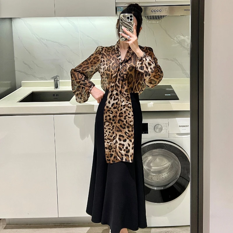New Collection 2023 Leopard Tie Collar Puff Sleeves Blouse and Flare Hem Mermaid Midi Skirt Women Set