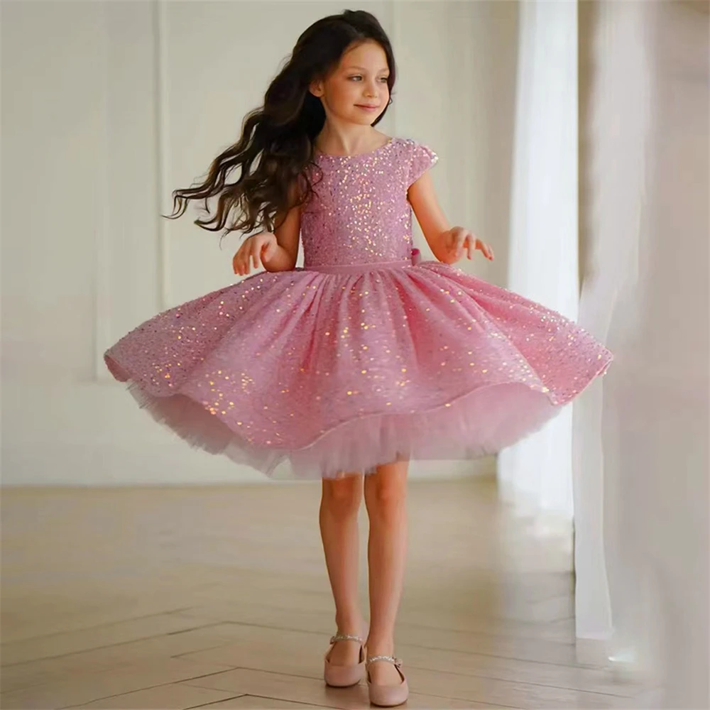 

Lovely Sleeveless Fluffy Tulle Shiny Flower Girl Dress Princess Ball Pageant First Communion Kids Surprise Birthday Present