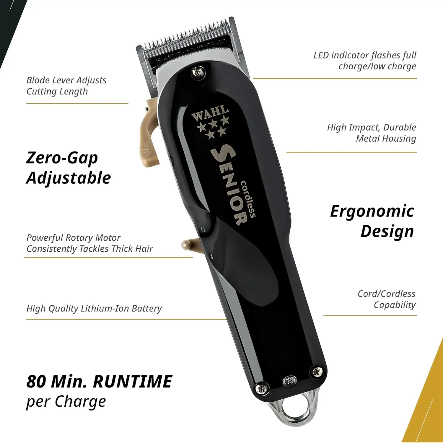 Professional 5 Star Cordless Senior Clipper, Precision Fade Blades, Metal Housing, 80-Minute Run Time