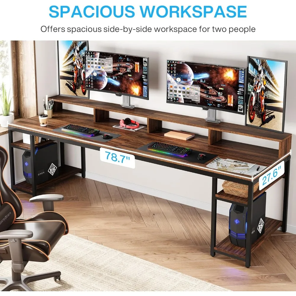 Two Person Desk with Monitor Stand, 78.74" Long Double Computer Office Desk with Storage Shelves, Large Gaming Desk Study 3