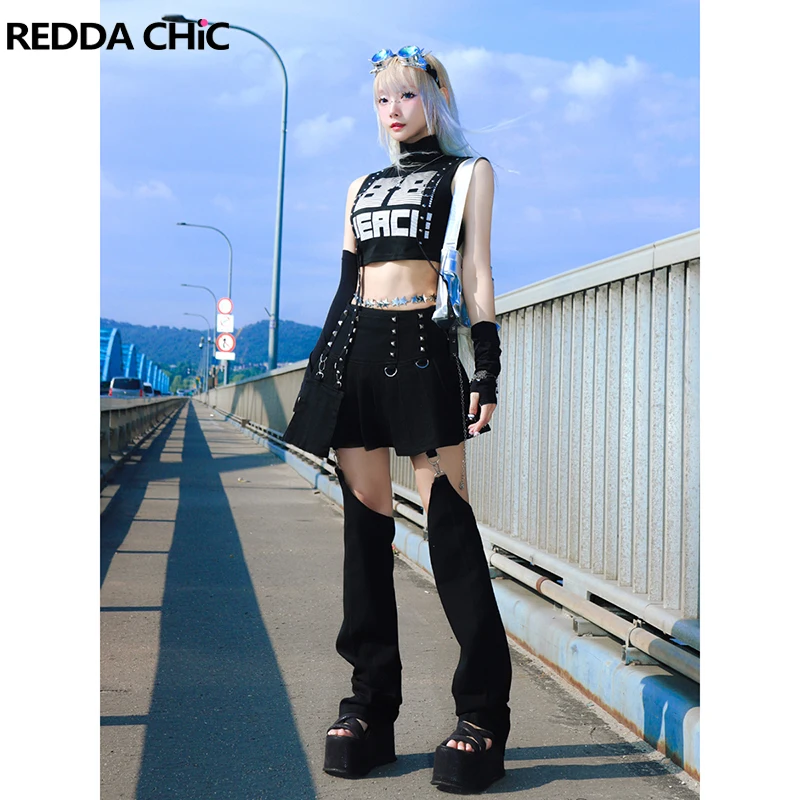 

Юбка-гетры из джинсовой ткани REDDACHiC, мини-сумка, Женский комплект из 3 предметов, черный цвет, юбка-ботинки длиной до бедра, Модный чехол Y2k Acubi