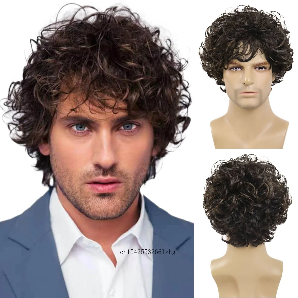 Afro Wig Men Synthetic Short Wigs for Man Curly Hair Natural Fluffy Daily Heat Resistant Breathable Brown Male Wig with Bangs