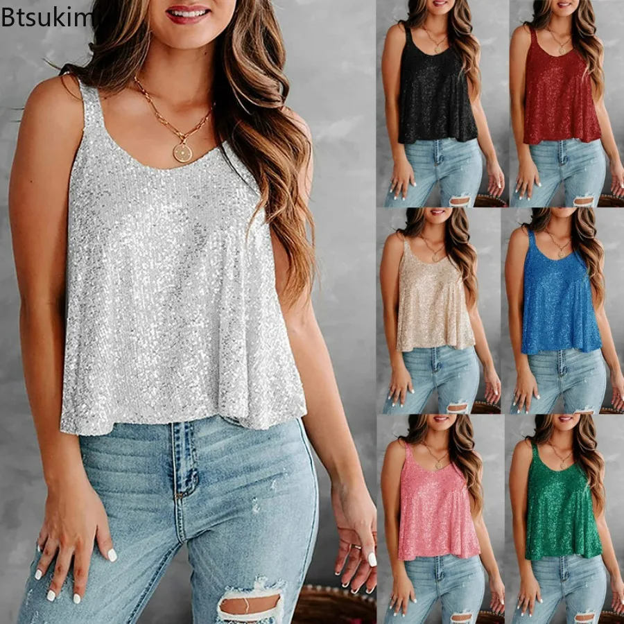 

2024 Women's Sexy Tank Top Summer Clothing Female Retro Elegant Spring Summer Street Clothing Party Club Stage Shiny Camis Top