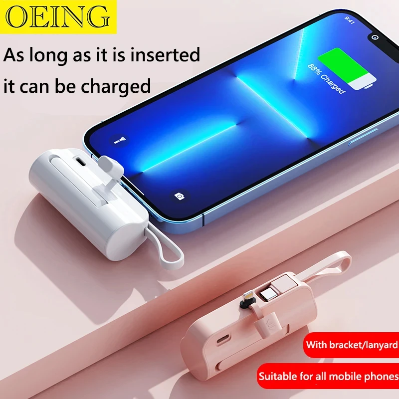 

Mini 5000mah Capsule Power Bank Built-in Cable Portable Charger For iphone 12 13 14 15 Xiaomi Samsung External Auxiliary Batter