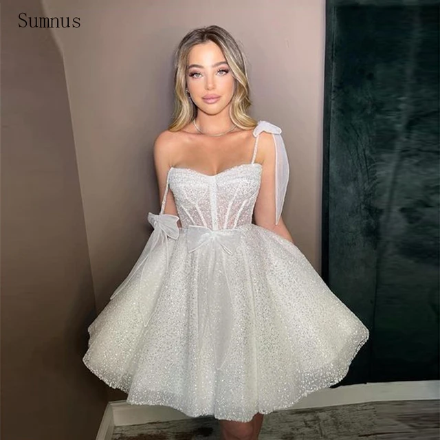 Sumnus Mini Tulle Wedding Dress Short Spaghetti Straps Glitter Sparkle With  Bow Bridal Gown Vestido De Noiva 2022 Custom Made