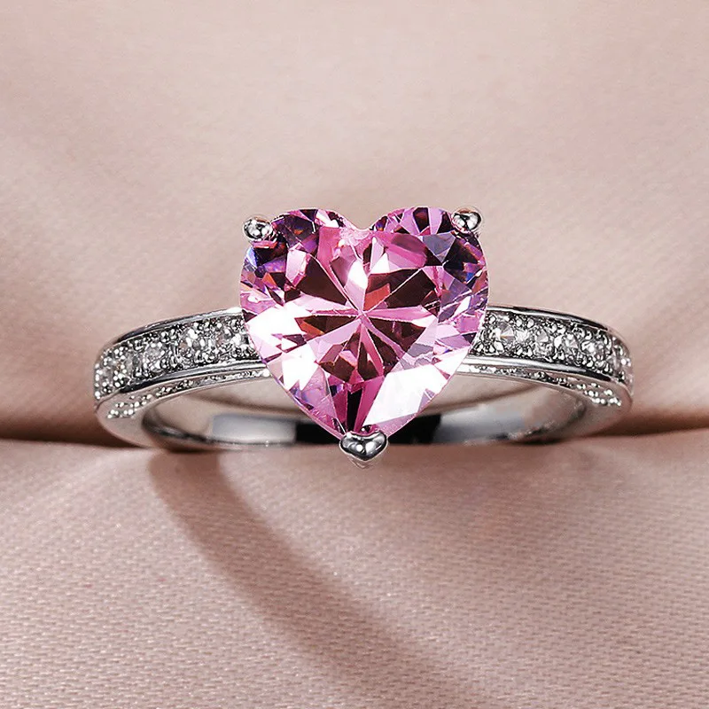 925 Sterling Silver Pink Heart Rings Women Brilliant Cubic Zirconia Bridal Wedding Party Rings Simple Stylish Female Accessories silver heart ring silver rings silver ring wedding rings