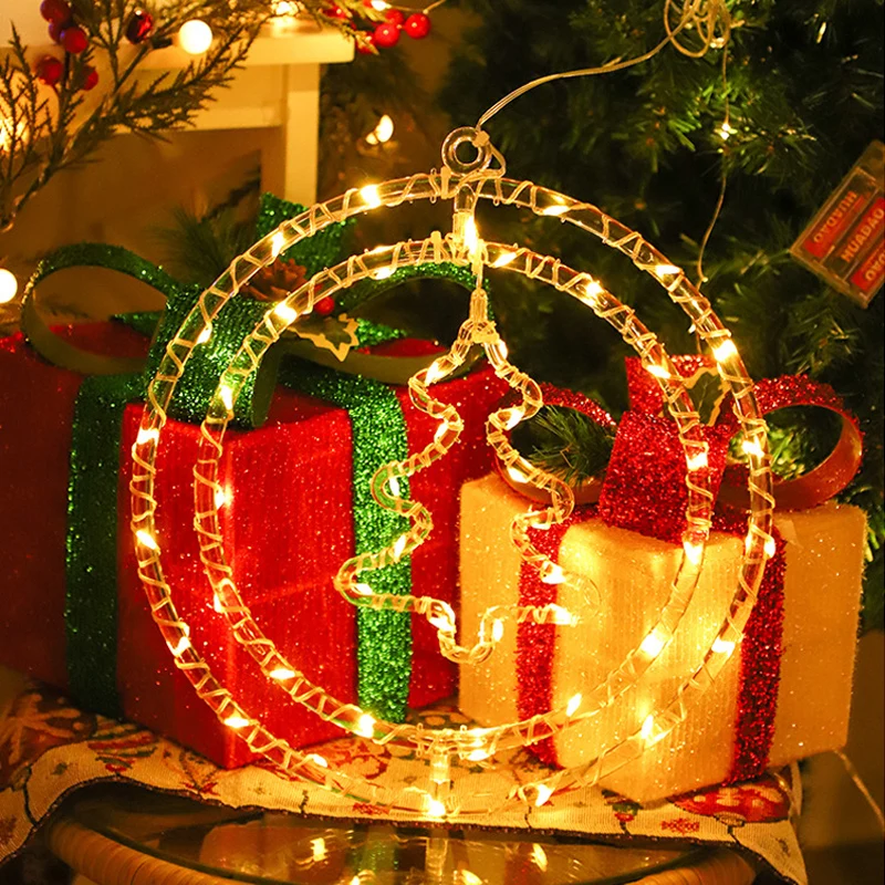 Christmas LED Light String, Battery Powered Double Round Pendant Light with Remote and Timer, Holiday Lamp for Home Decoration 2