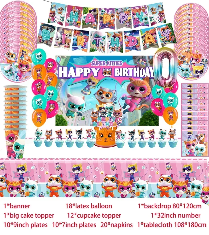 Description Picture 3 of itemCartoon Superkitties Birthday Party Decoration Super Kitties Tableware Balloon Cake Topper Party Supplies Baby Shower