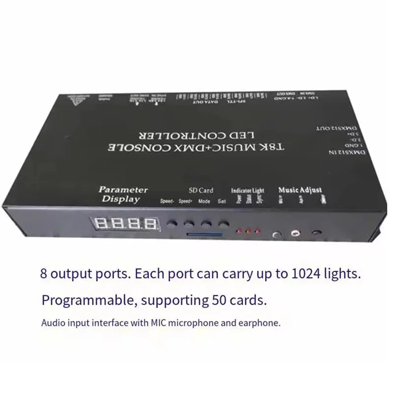 클래식-WS2811 WS2815 RGBIC SPI-TTL Led 스트립 조명 모듈 컨트롤러 T8K 음악 + DMX 콘솔 마이크 입력이있는 8 채널 포트