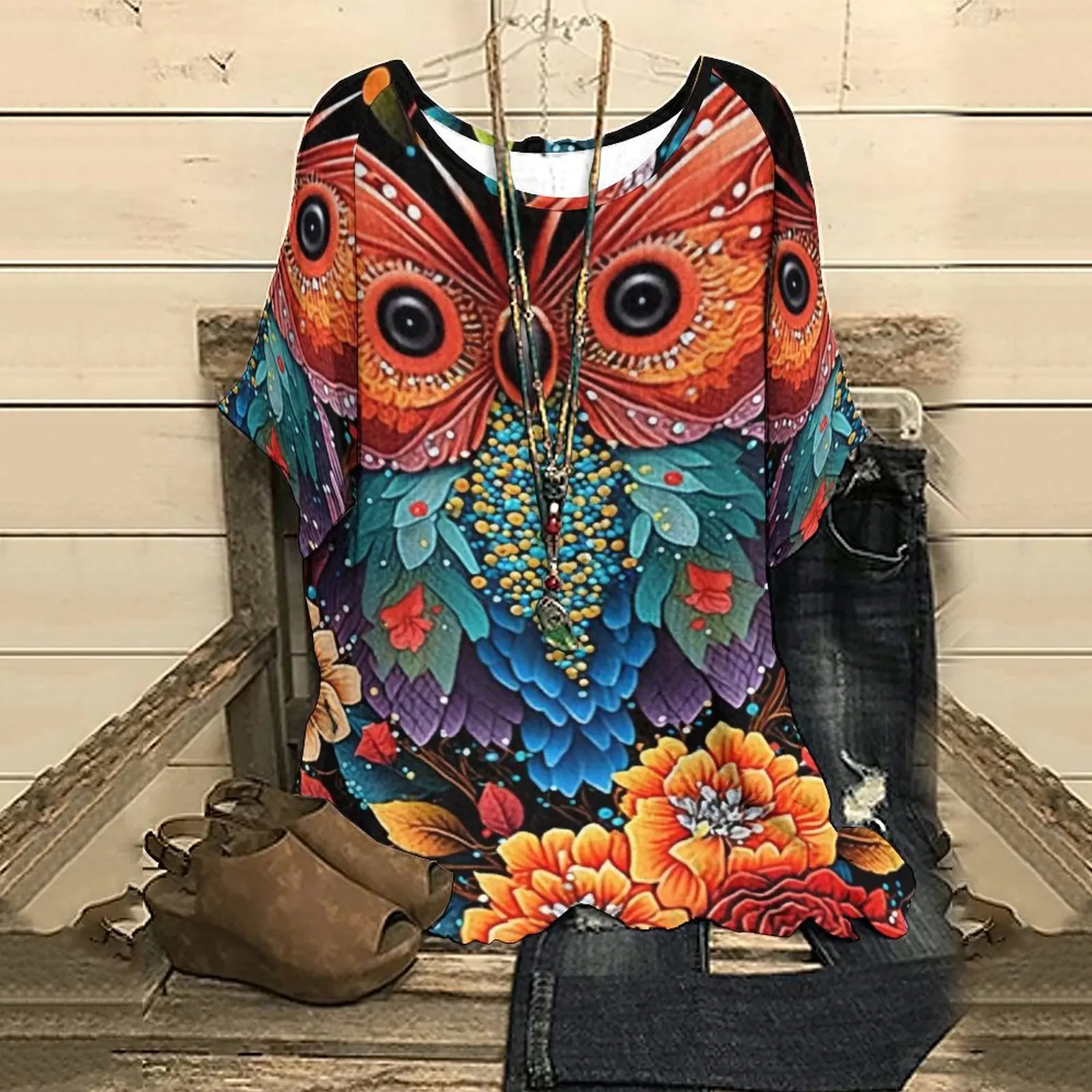 

Summer Women's Half Sleeve T-Shirt NewFlower Butterfly Print Top Tee