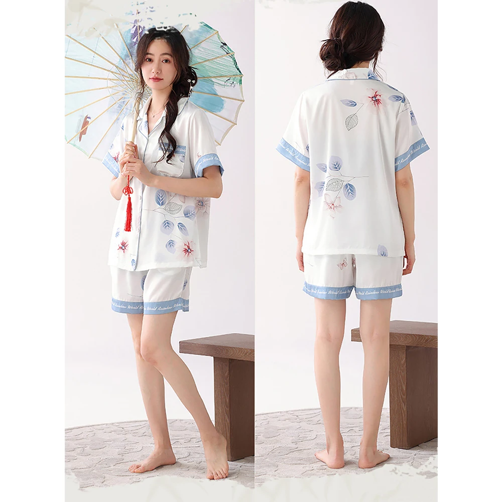 M-3XL Ice Silk Satin Trousers Sets Summer Thin Short Sleeve Sleepwear Women's Pajamas Shorts National Style Vintage Pyjama Cool