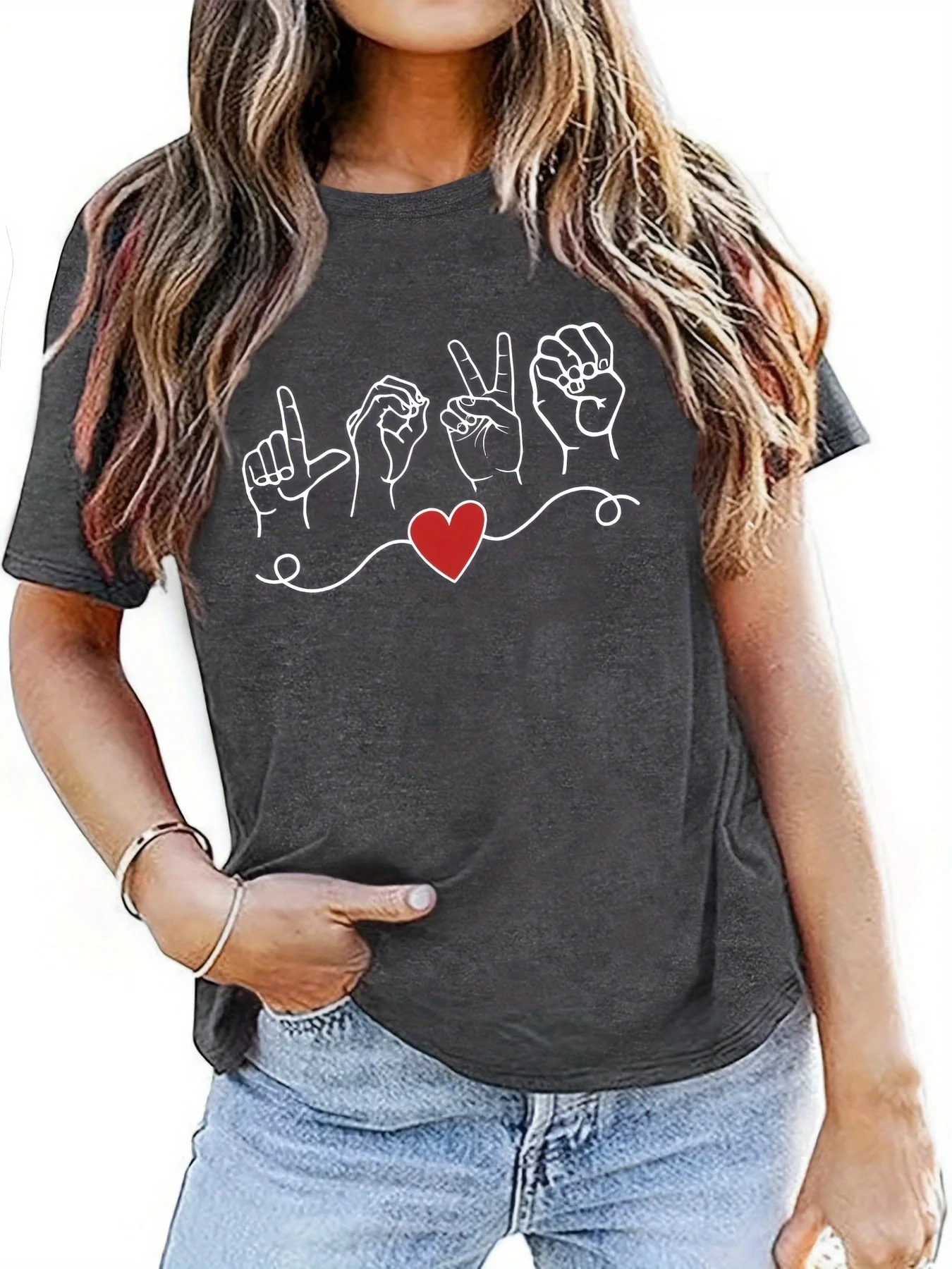 

Heart & Gesture Print Crew Neck T-Shirt for Women - Casual Short Sleeve Tee for Spring & Summer - Valentine's Day Gift