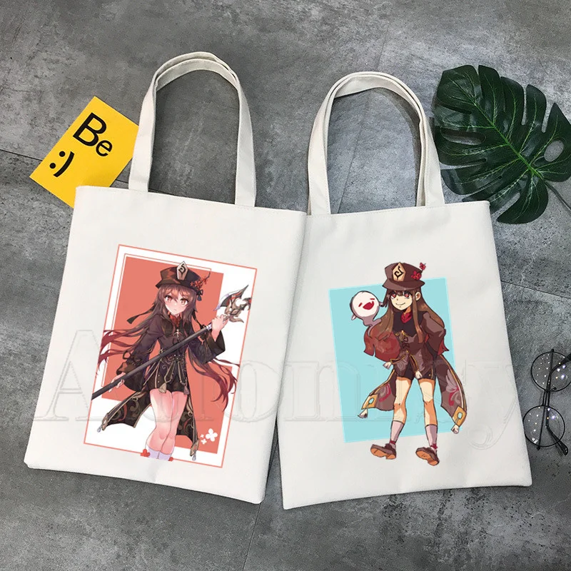 

Genshin Impact Hu Tao Women Canvas Tote Bag Eco Shopping Bag Large Capacity Shoulder Bag For Female Foldable Beach Shopper Bag