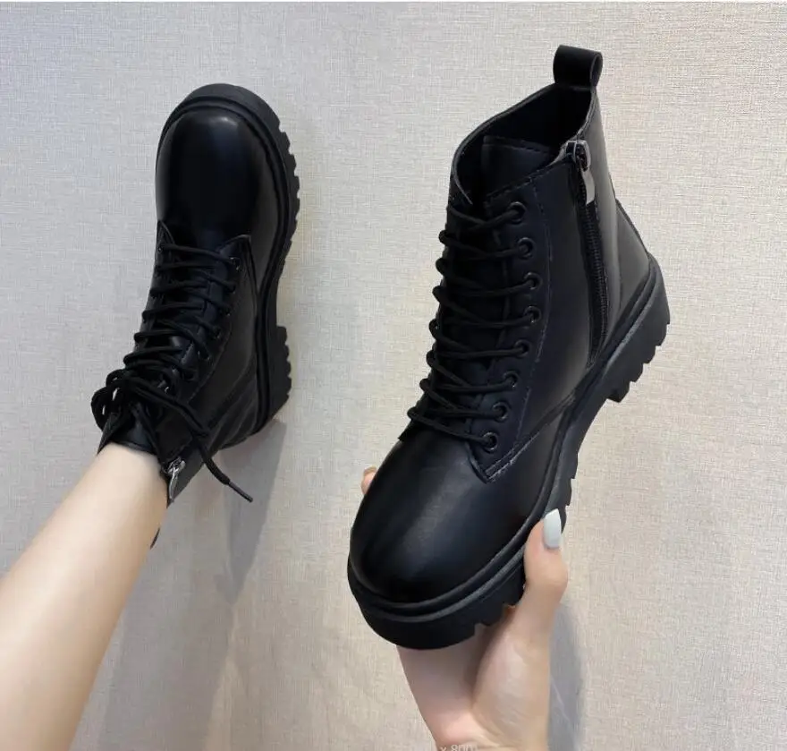 

New Autumn Winter Women Motorcycle Ankle Boots Wedges Female Lace Up Platforms Black Leather Oxford Shoes Woman Boots Large size