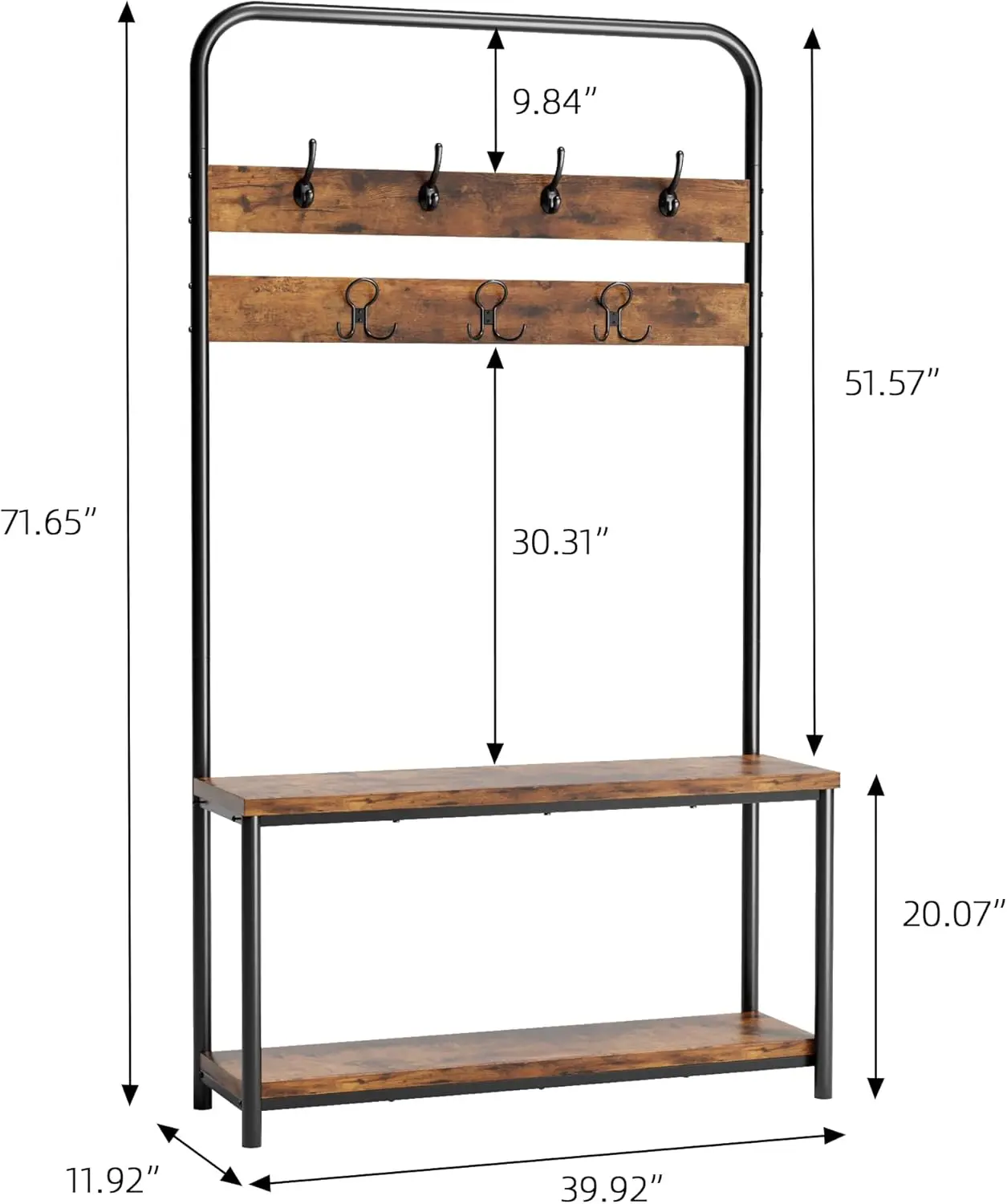 Industrial Entryway Hall Tree with Bench, Coat Rack Organizer, 10 Hanging Points & Anti-Tip Design, 7 Hooks &Deep Storage