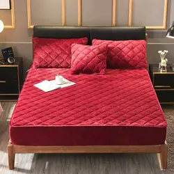 Luxurious Plush Quilted Mattress Cover - Warm & Soft Crystal Velvet - King/Queen Fitted Sheet. - 160x200x30cm (Wine Red)
