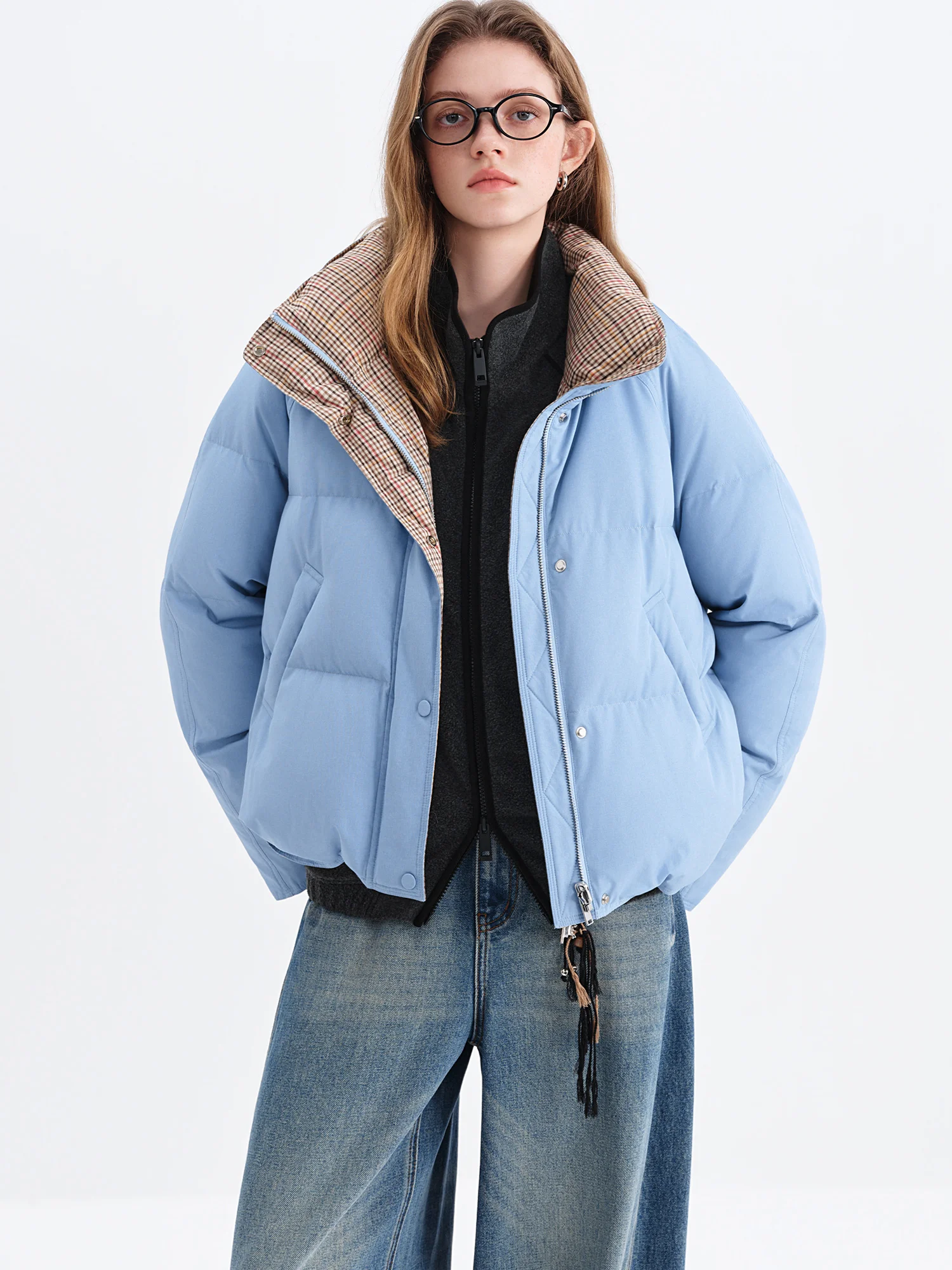 FSLE Double-sided Reversible Standing Collar Down Coat Women Crafted with Premium 90% White Duck Down Winter 2025 New Arrival