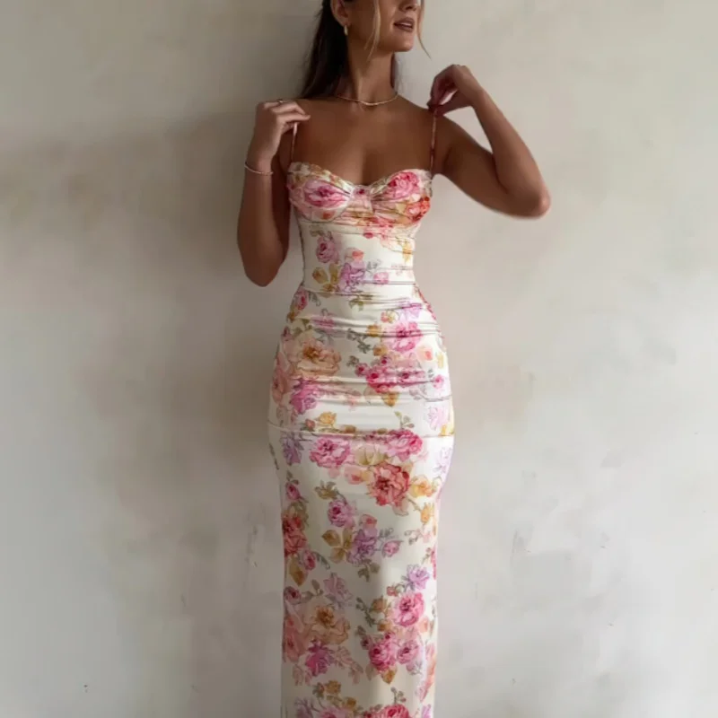 Sleeveless Sling Sexy Slim Fit Flower Print Women Prom Evening Dress Fashion Lace Backless Party Long Dresses