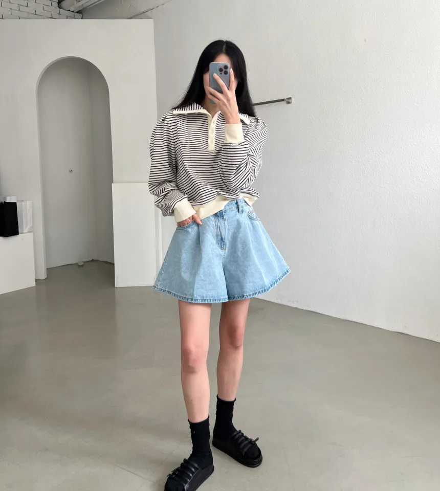 

South Korea Dongdaemun chic summer new vintage wash blue high waist big A word denim shorts wide leg pants female