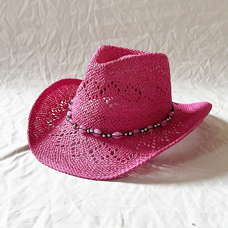 

Western Crochet Cowboy Straw Hat Women Men Casual Handmade Hollow out Cowgirl Hat Solid Color Outdoor Wide Brim Beach Cap