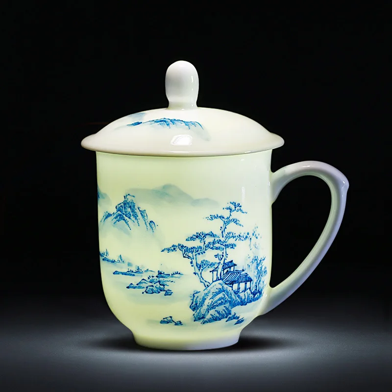 

Керамическая чашка для чая Jingdezhen, ручная чашка из синего и белого фарфора с крышкой, бытовая чашка для воды, чашка для чая из костяного фарфора