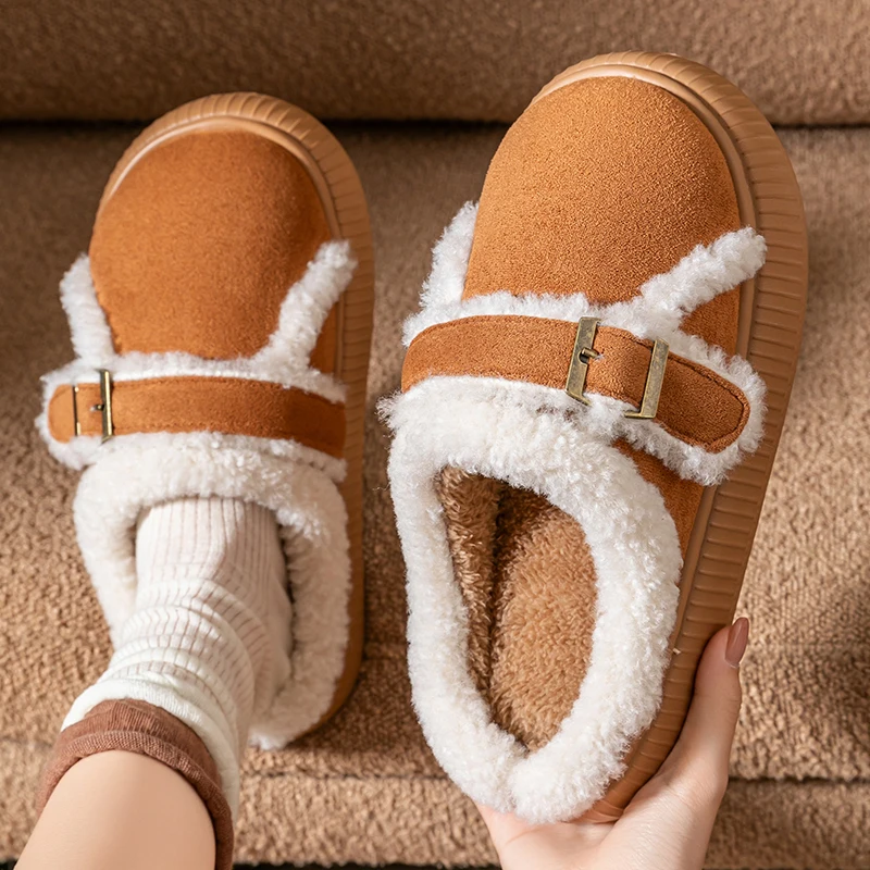 Thick Short Plush Warm Women's Slippers Korean Buckle Detor Cotton Slippers for Woman Platform Non Slip Cotton Shoes Women