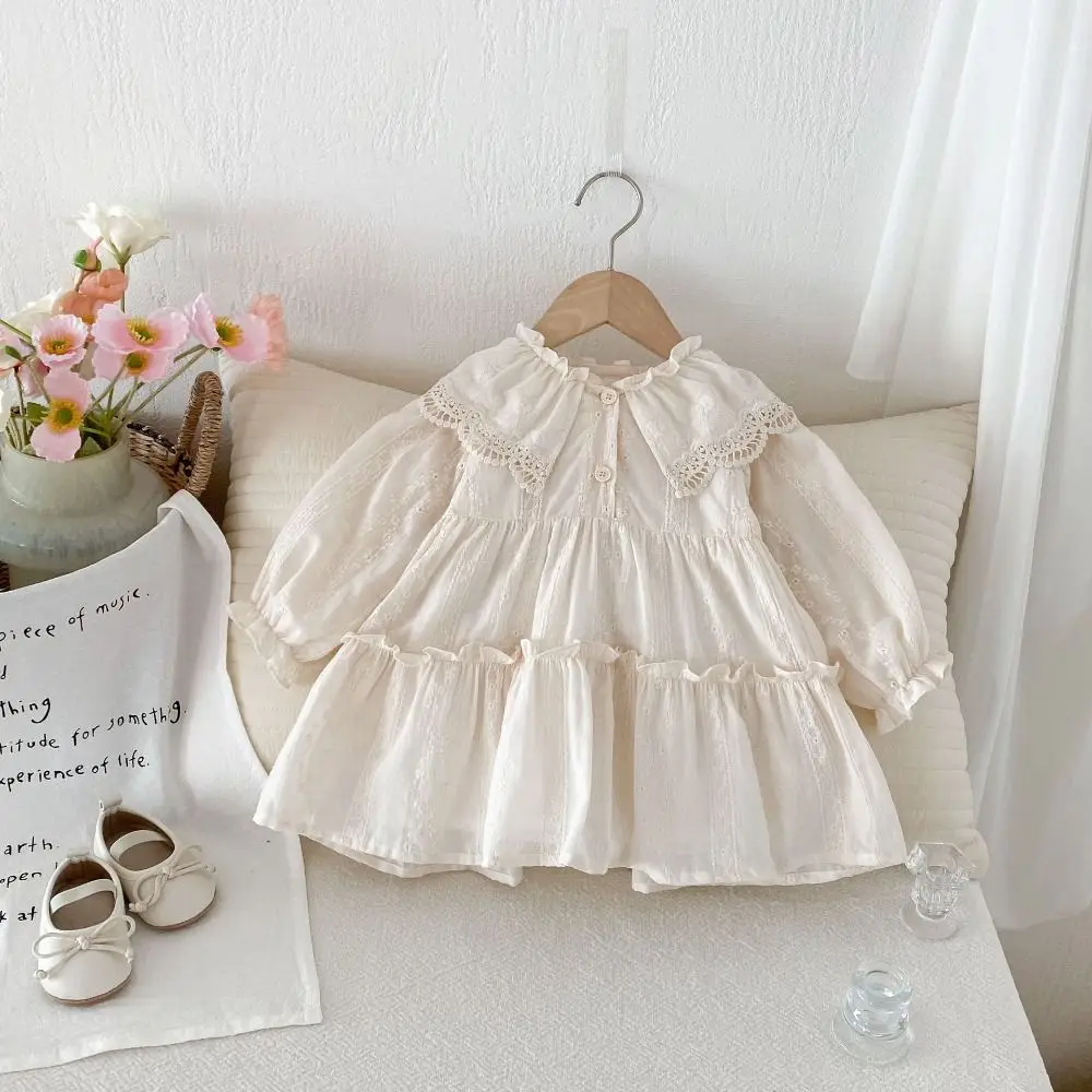 Elegant Pleated Lace Princes Dress Loose Sweet Girls Long Dress Ballet Style A-line Children Long Sleeved Dress Spring/Fall