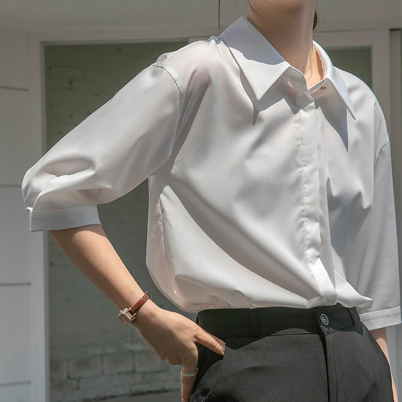 Женская белая рубашка с рукавом до локтя, летняя шикарная офисная одежда, однобортная рубашка с отложным воротником, Женская Повседневная Уличная одежда, блузка, Топ