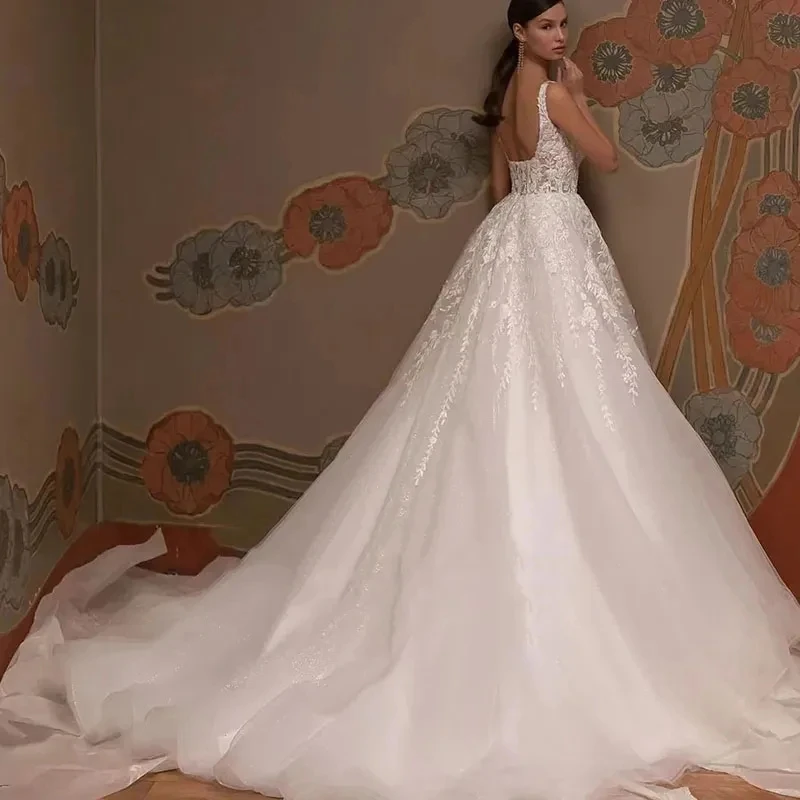 Classic Wedding Dresses A-Line Tulle Bridal Gowns Lace Appliques Square Collar Sleeveless Robes Vestidos De Novia Customized 2