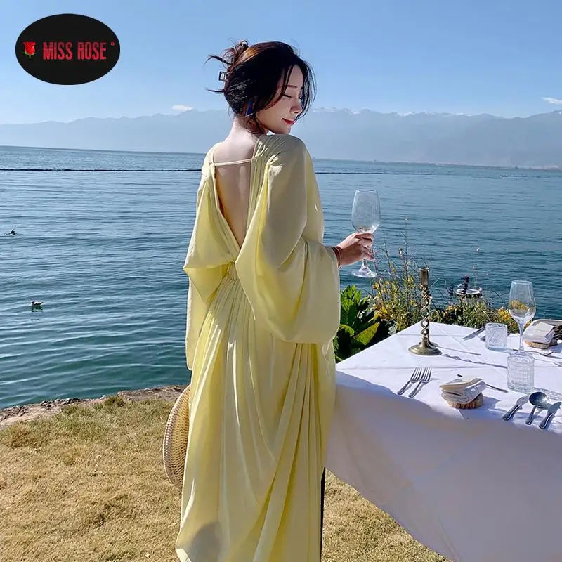 

Long Puff Sleeve Loose High Waist Dress V Back + Neck French Luxury Robe Sundress Dinner Party Banquet Pleated Dress Beach Boho