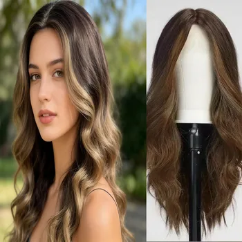 Parrucca marrone lucida con meccanismo completo, densità 180%, onde sciolte lunghe fino alle spalle da 26 pollici, colore misto biondo chiaro, linea frontale naturale pre-tagliata, parrucca di alta qualità, facile da i