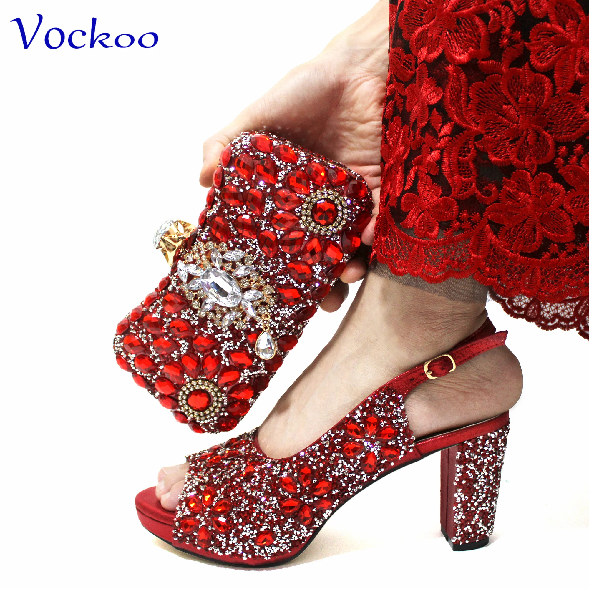 African Style Shoes and Bag in Red Color Peep Toe Sandals with Shinning Crystal 2024 Specials Design Sexy Women for Party