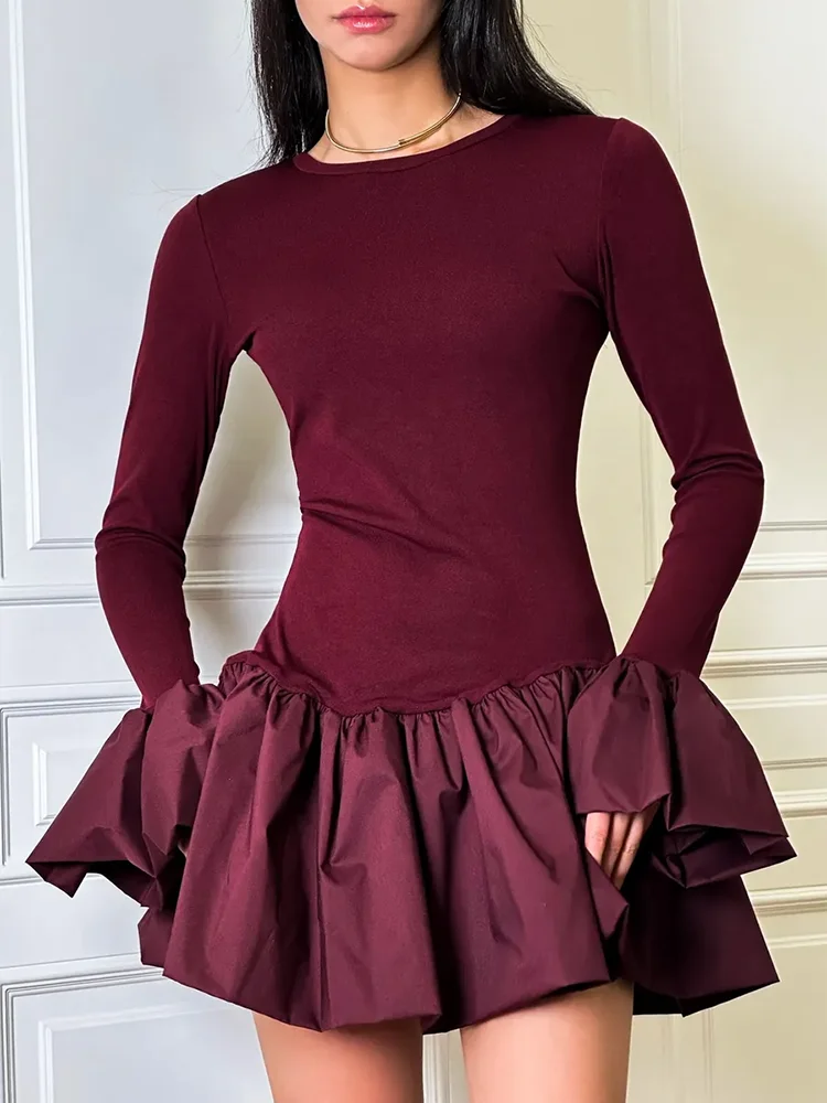 Angora Red Flare Sleeve Mini Dress For Women Fashion Splice Folds Autumn Winter Dress A-Line Sweet Bodycon Women Clothes