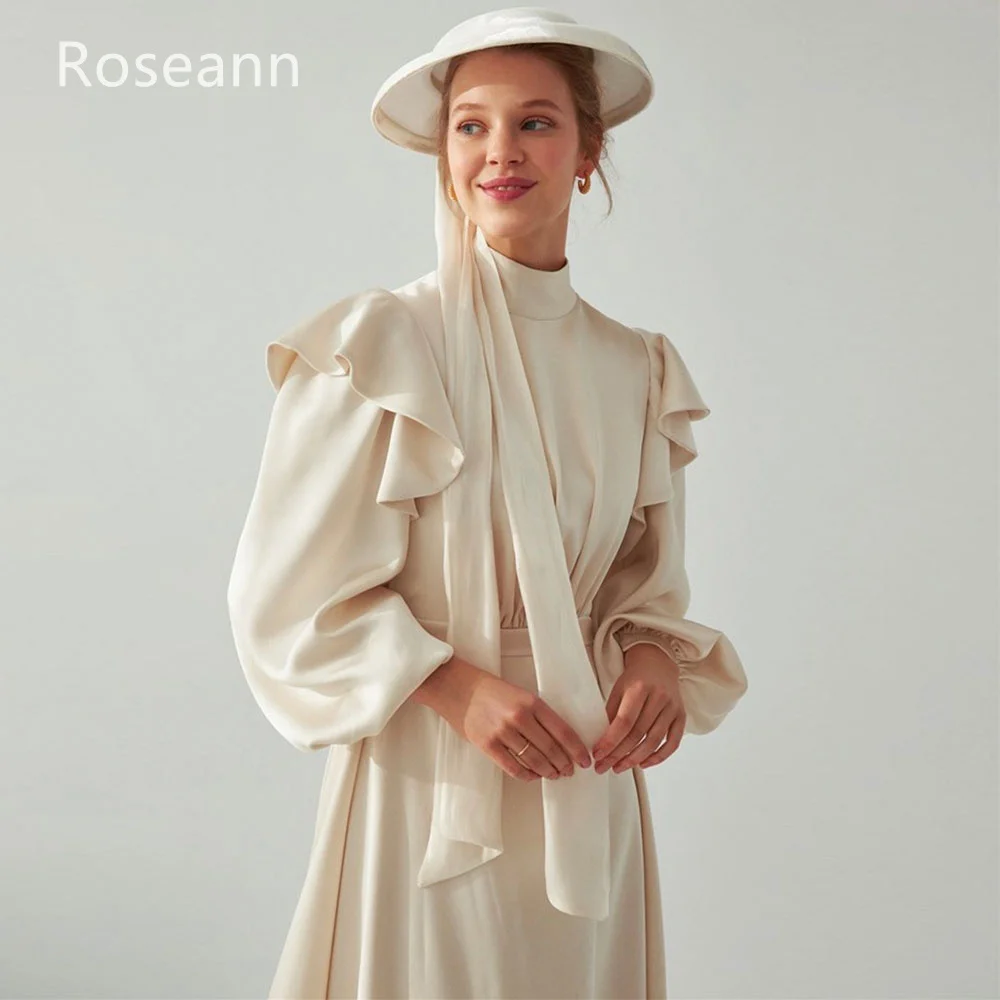 Customized Muslim Retro High Collar A-line Wedding Dresses Ruffle Satin Draped Pleat Ribbon Full Bride Dresses robe de mariée 4